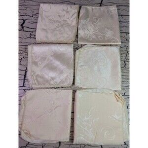6 VTG Linen Napkin Set Damask Floral Yellow Spring Summer Shabby Chic Butterfly